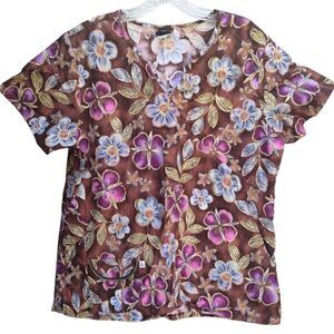 Cherokee Studio Scrub Top Size L Brown with Blue Purple Flowers